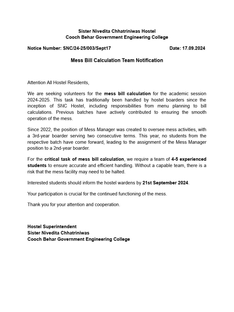 Mess Bill Calculation Volunteers Needed | PDF