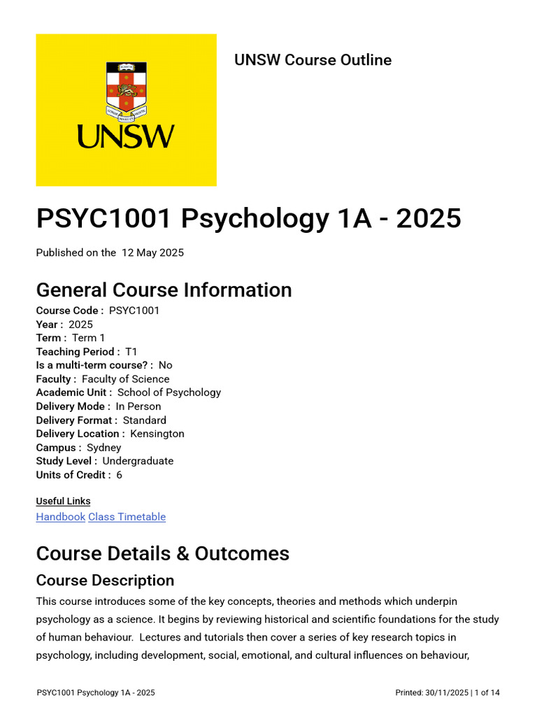 PSYC1001 Psychology 1A Course Outline 2025 | PDF | Psychology ...