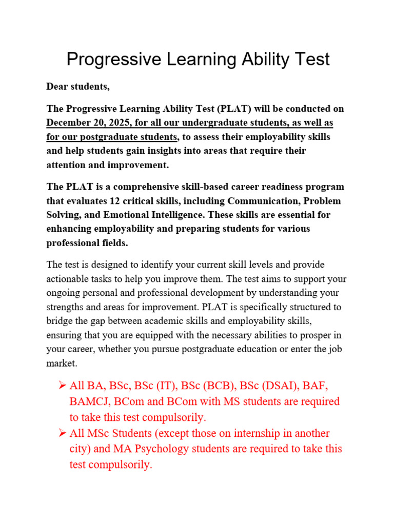 Progressive Learning Ability Test 2025 | PDF | Skill | Bachelor Of Science