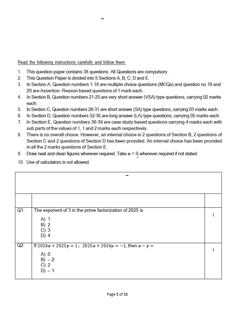 Class X Mathematics Sample Paper 2025-26 | PDF