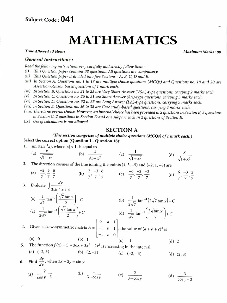 Mathematics Question Paper 041 | PDF | Multiple Choice | Mathematics