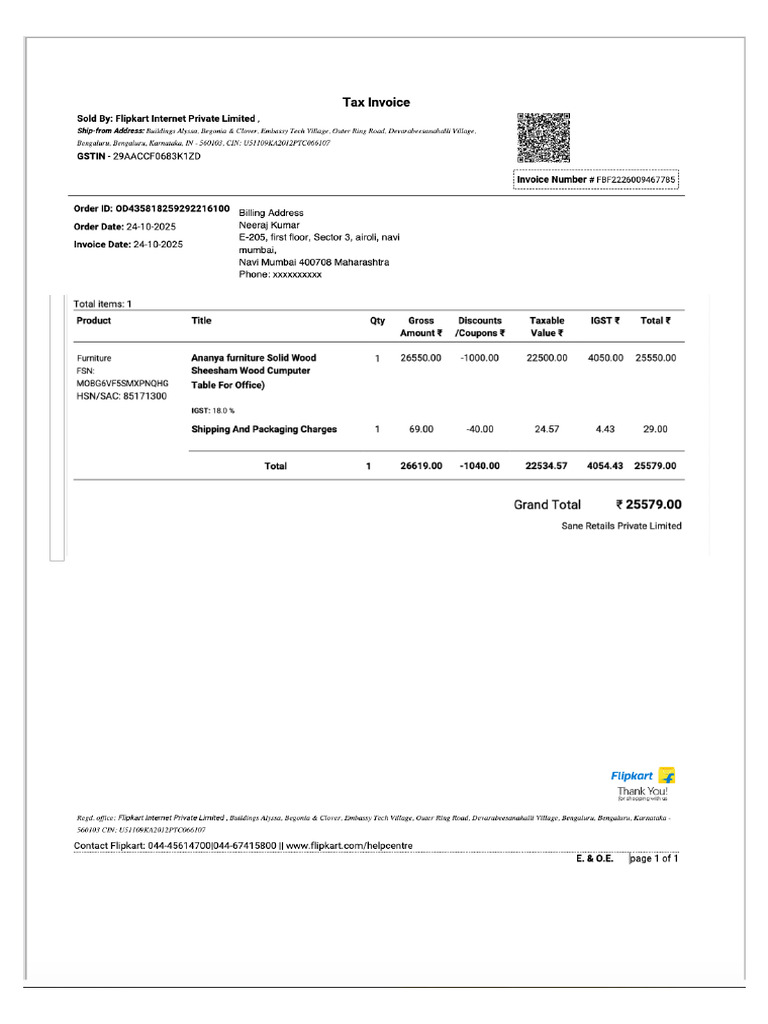 Bill For Table and Chairs | PDF