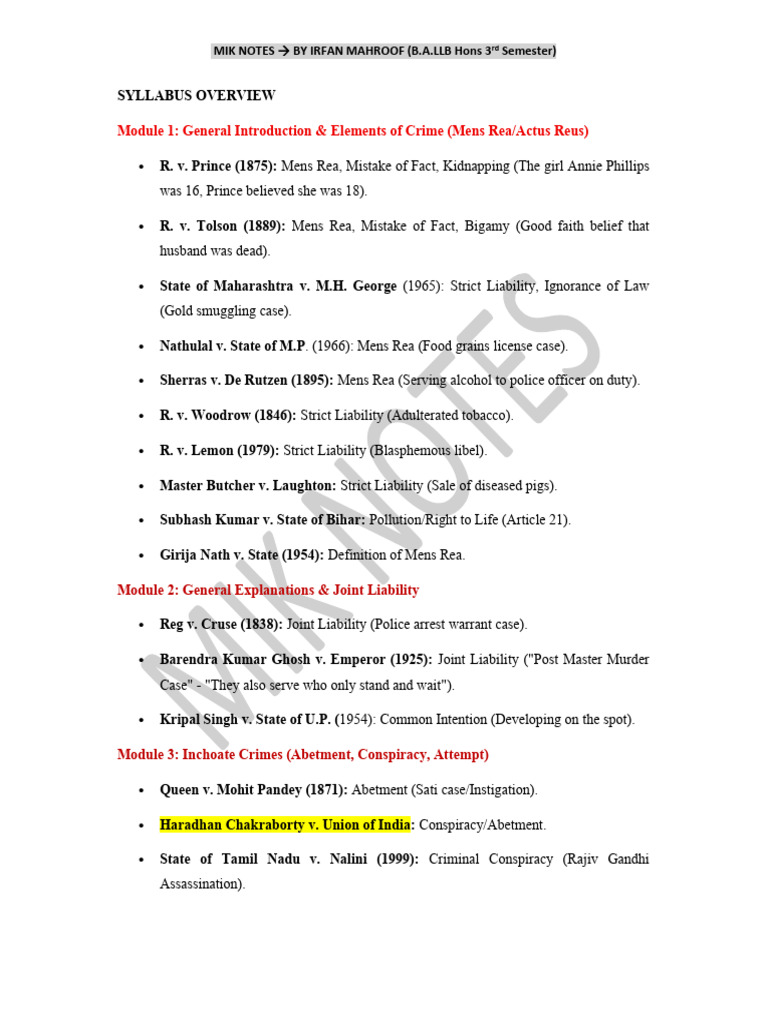 Module 1, 2 & 3 BNS MIK Notes | PDF | Aiding And Abetting | Mens Rea