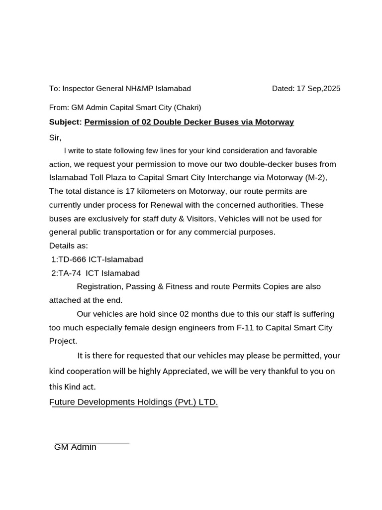 Request for Double Decker Bus Permission | PDF