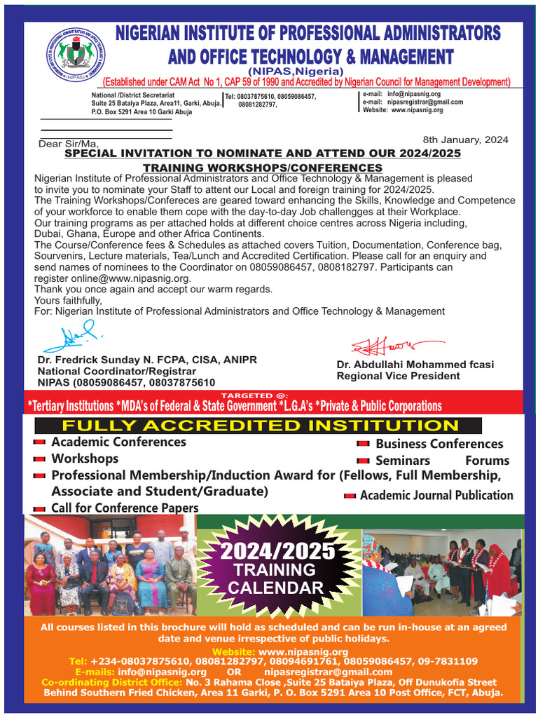 NIPAS 2024/2025 Training Calendar | PDF