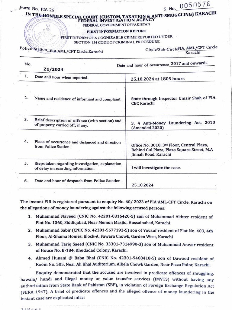 FIR of FIA AML Karachi | PDF | Money | Crimes