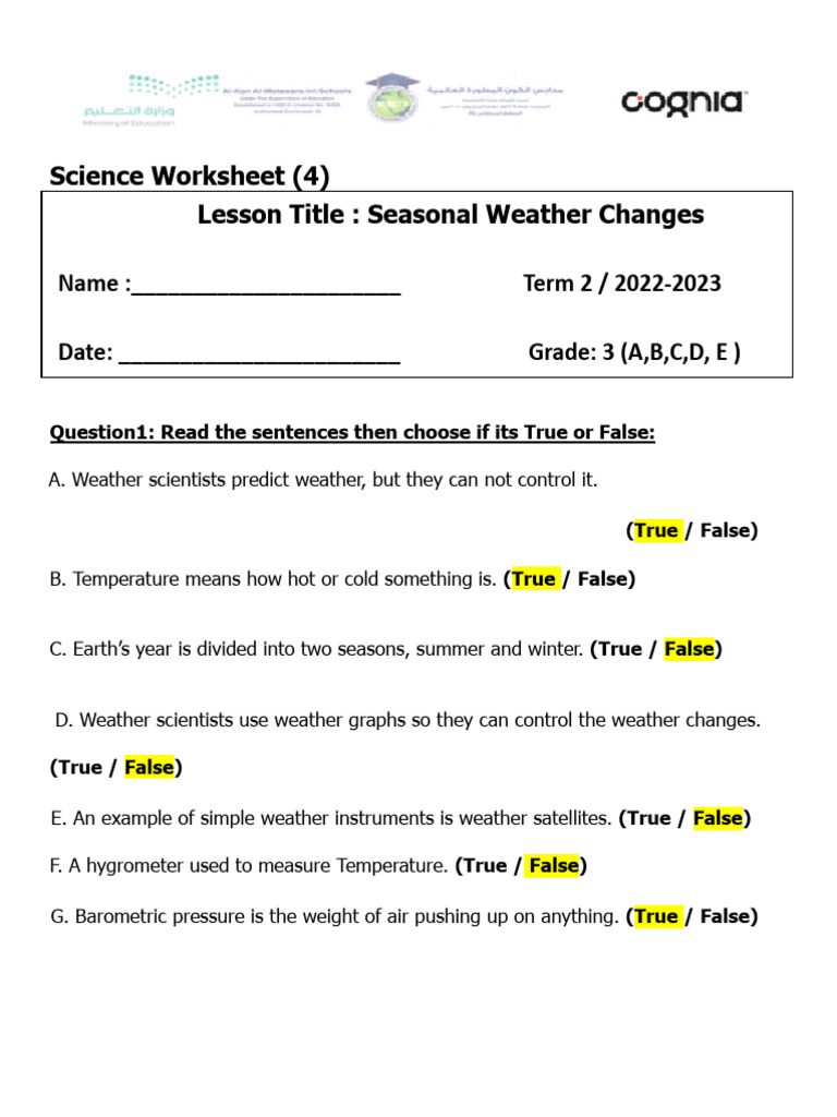Seasonal Weather Changes Worksheet | PDF | Weather | Atmosphere