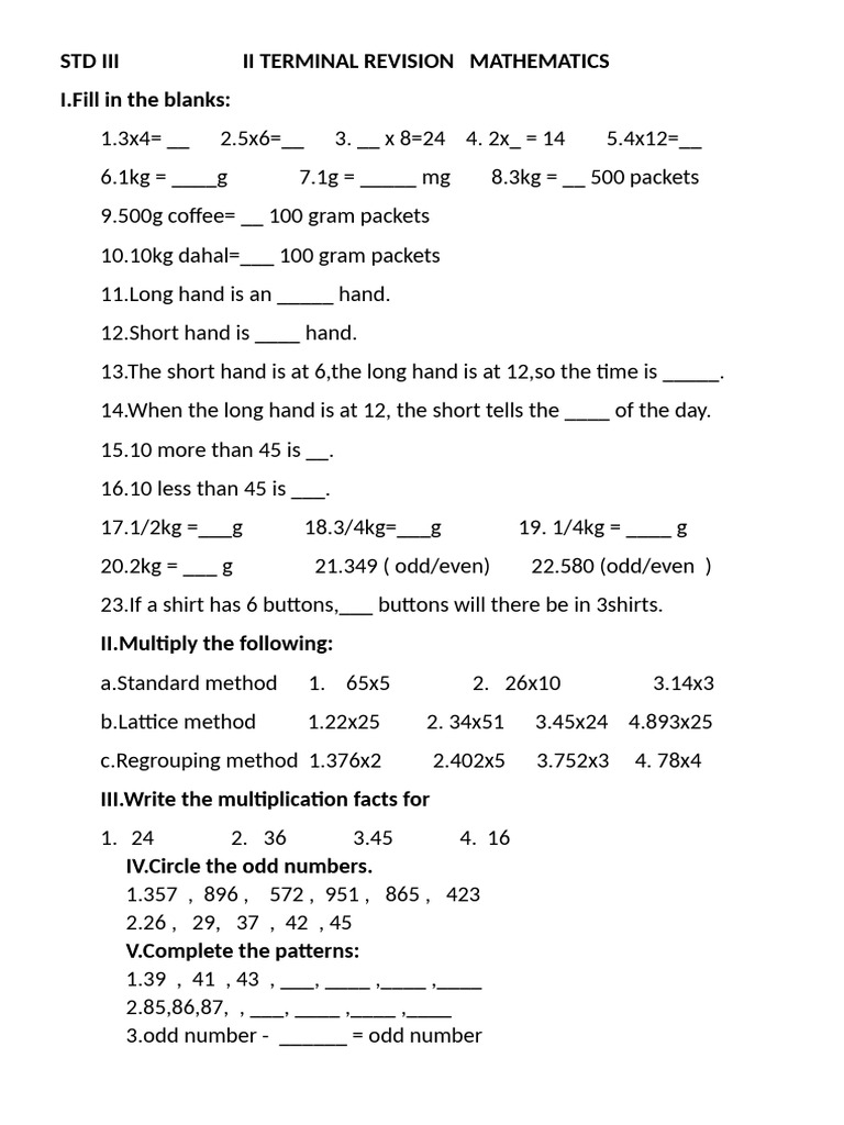 STD III II Terminal Revision Mathematics | PDF | Mathematics