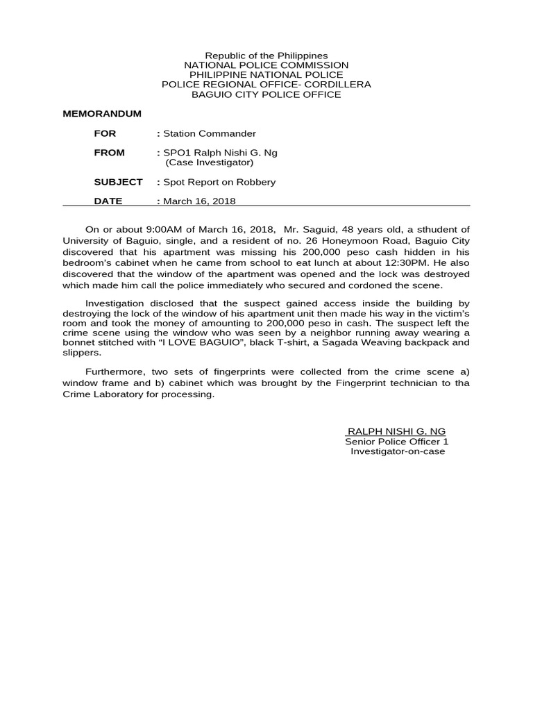 Baguio City Robbery Spot Report | PDF