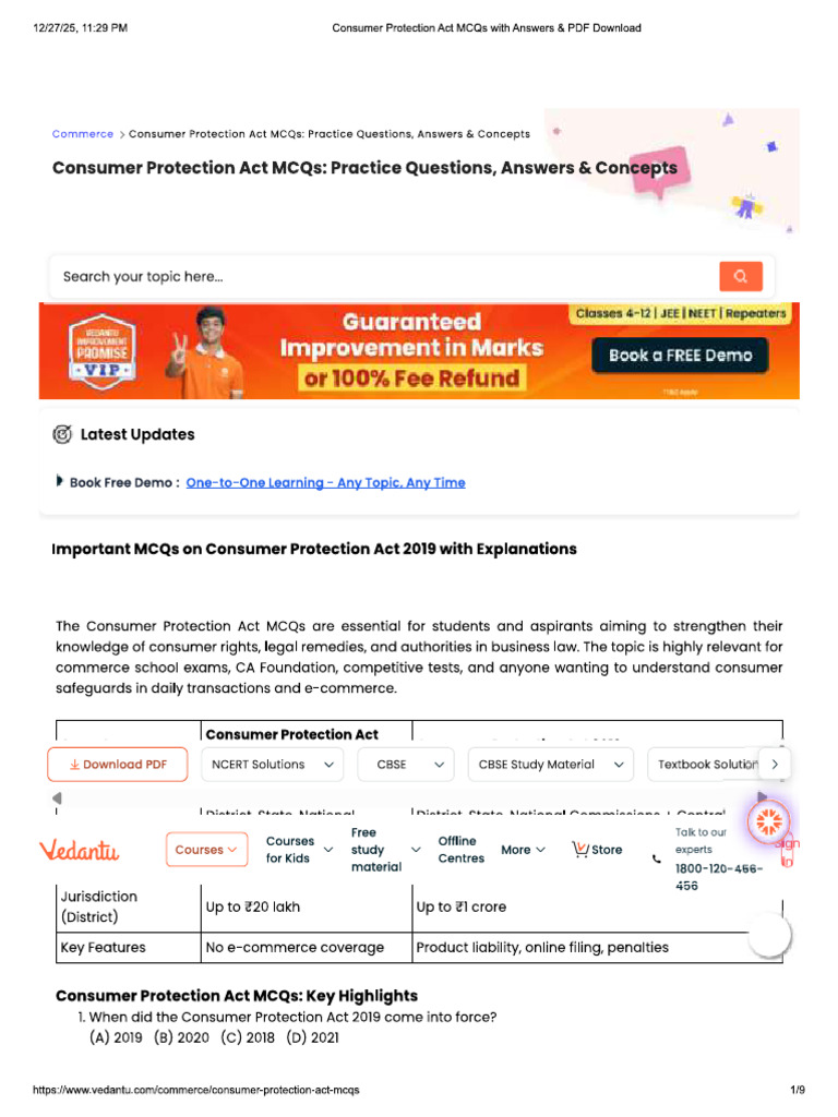 Consumer Protection Act MCQs With Answers & PDF Download | PDF