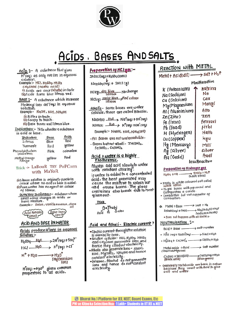Acids, Bases & Salts Handwritten Notes | PDF