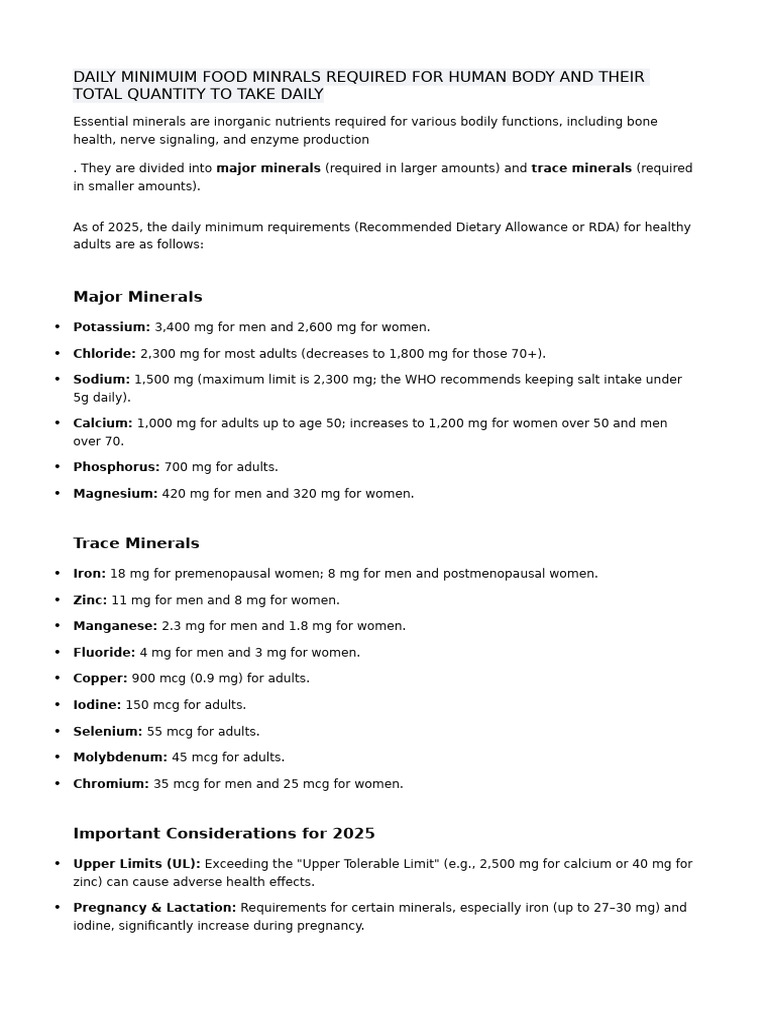 Daily Mineral Requirements for Adults | PDF