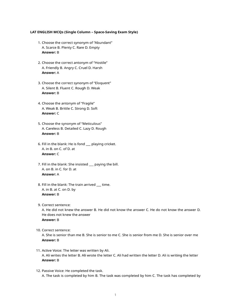 English MCQs for Language Proficiency | PDF | Pakistan | Karachi