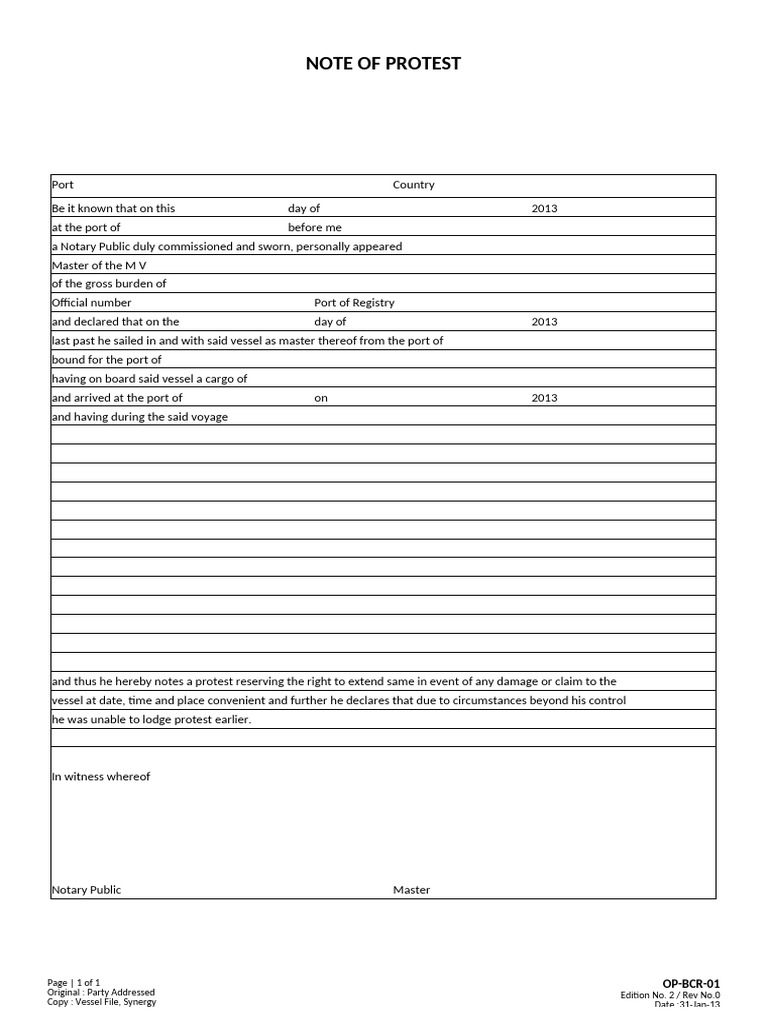 Vessel Protest Note Template | PDF