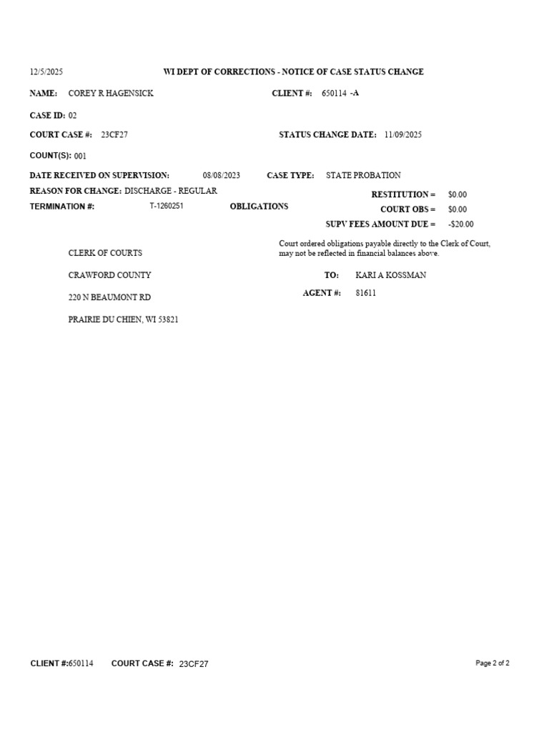 Corey Hagensick Case Status Update | PDF