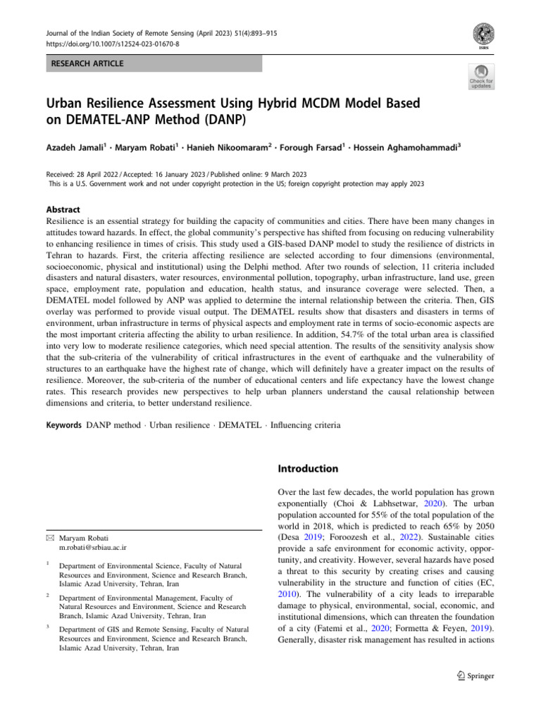 Urban Resilience Assessment Using Hybrid MCDM Model Based On DEMATEL ...