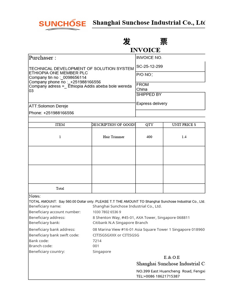 Sunchose Industrial - Hair Trimmer Invoice To Solomon Dereje - SC-25-12 ...