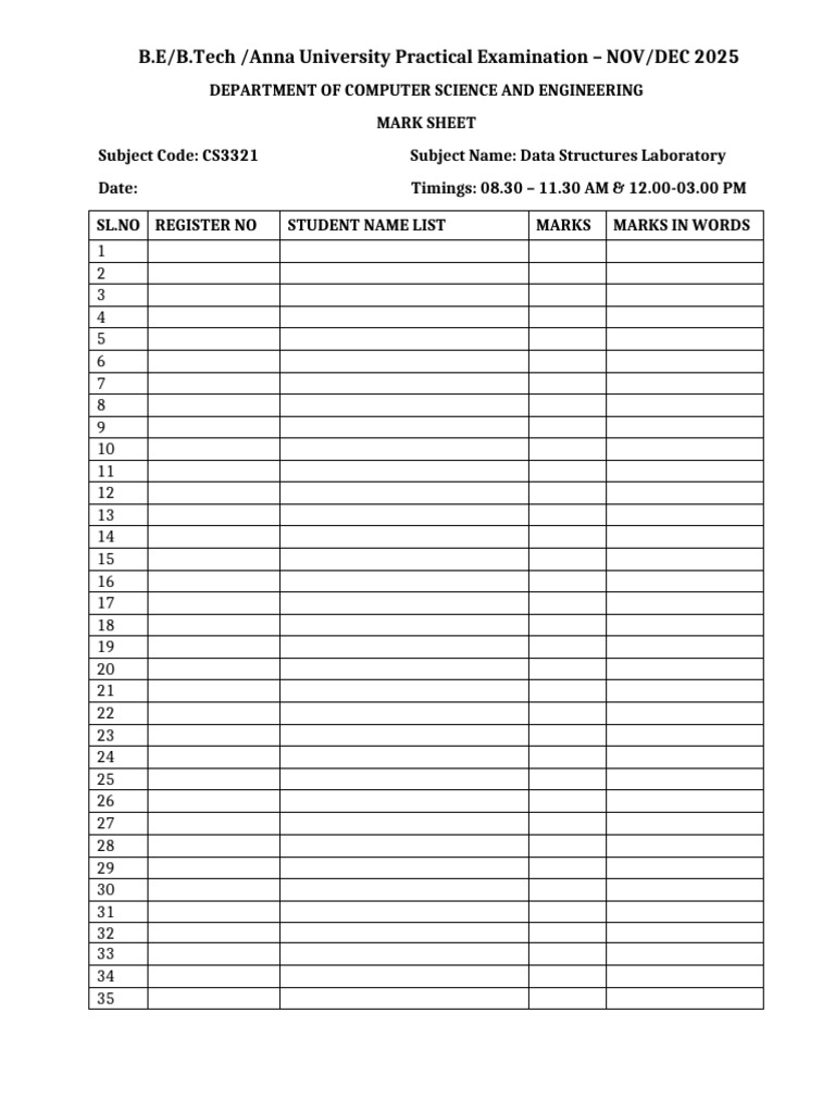 Data Structures Lab Exam Mark Sheet | PDF