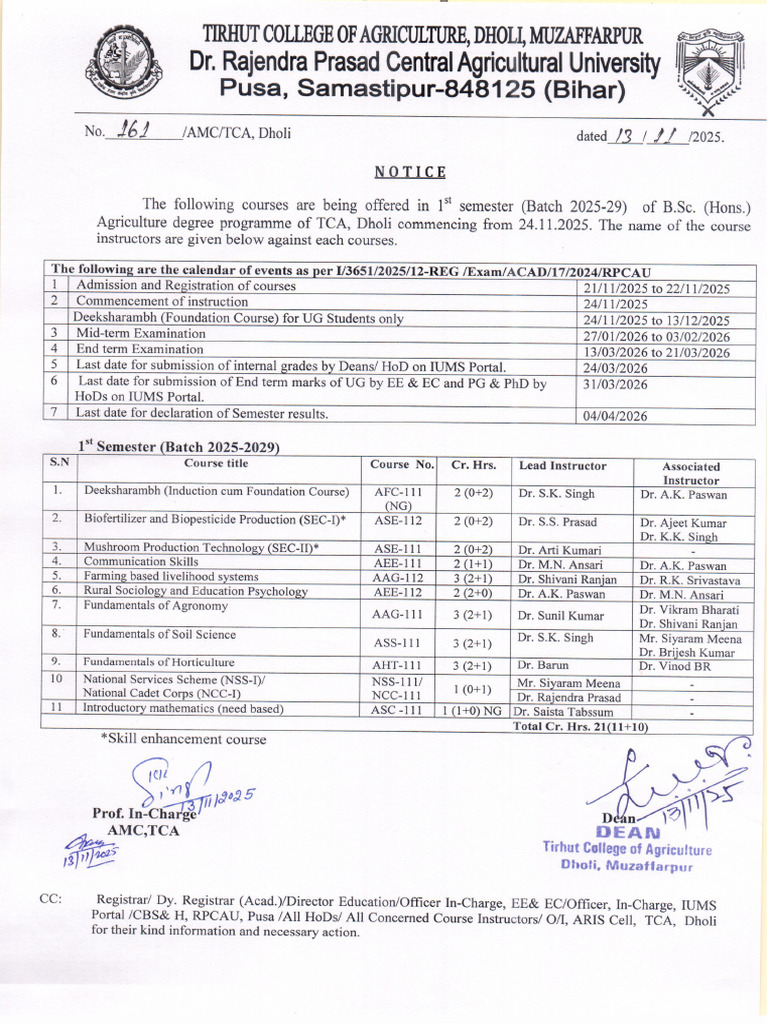 Course in 1st Semester (Batch 2025-29) | PDF
