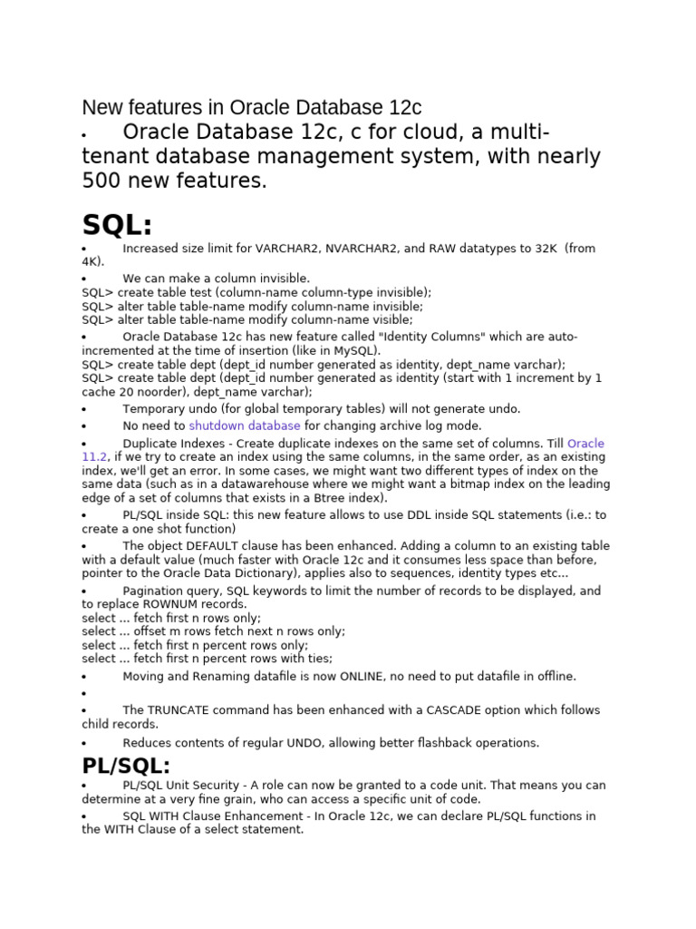 Oracle Database 12c New Features Overview | PDF | Pl/Sql | Databases