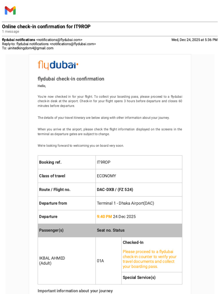 Flydubai Check-In Confirmation IT9ROP | PDF | Airport | Aviation