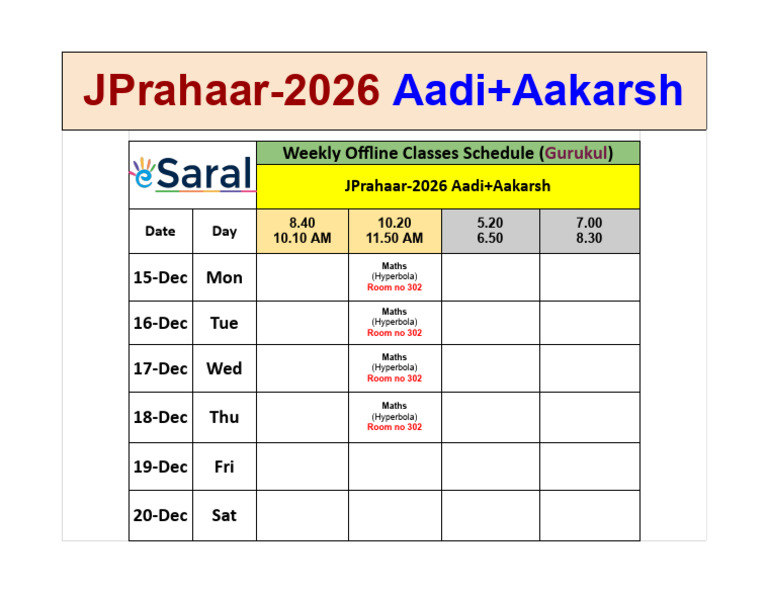 JPrahaar-2026 Weekly Class Schedule | PDF