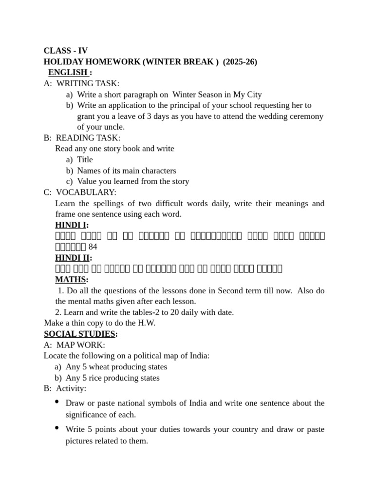 Class IV Winter Break Homework 2025-26 | PDF