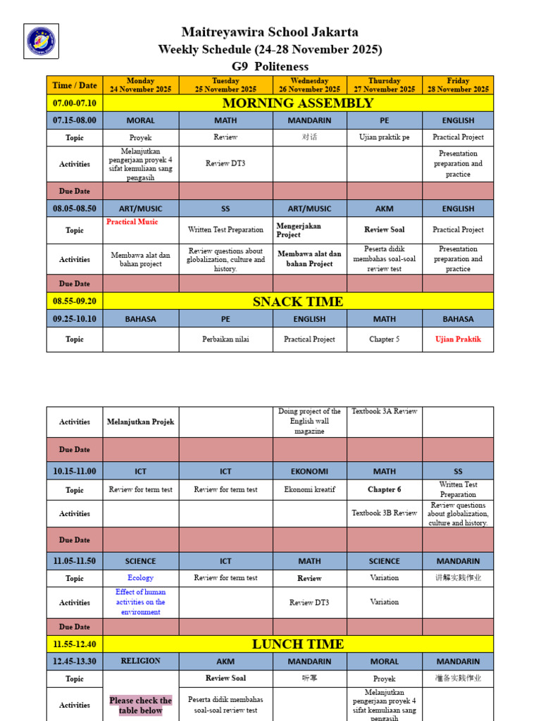 Maitreyawira School G9 Weekly Schedule | PDF