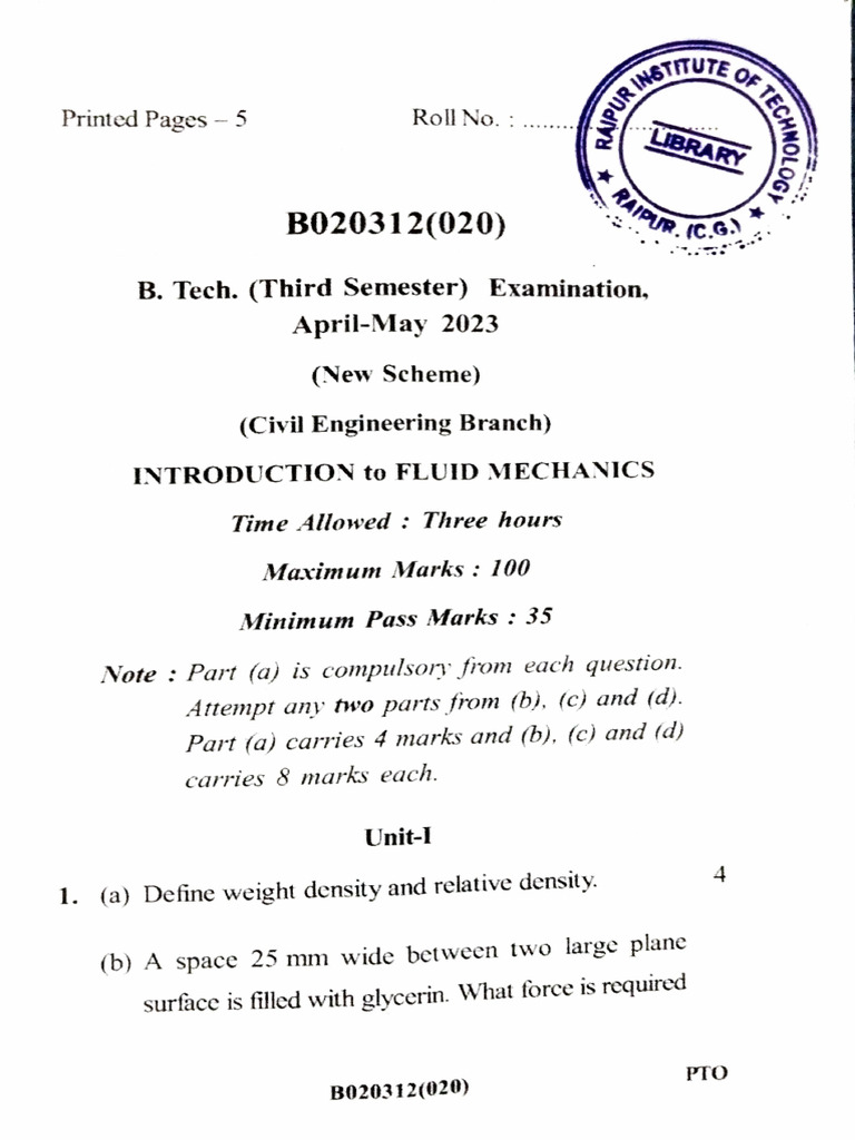 Fluid Mechanics Exam Paper B.Tech 2023 | PDF | Flow Measurement ...