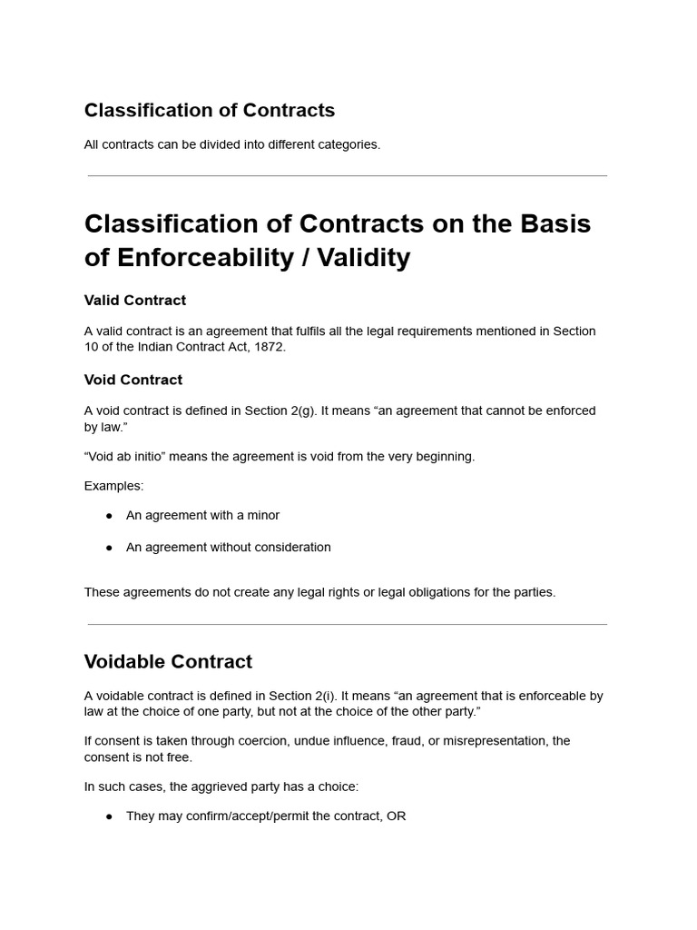 Types and Classifications of Contracts | PDF | Void (Law) | Business Law