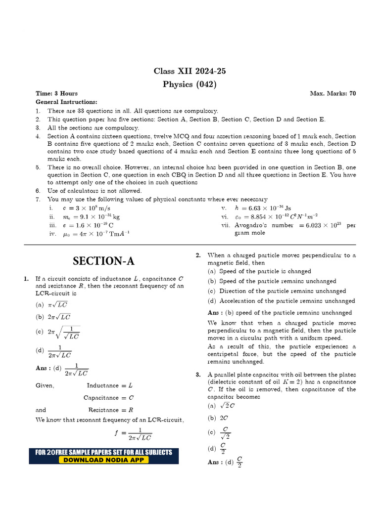 CBSE Class 12 Physics Sample Paper Solutions | PDF | Valence And ...