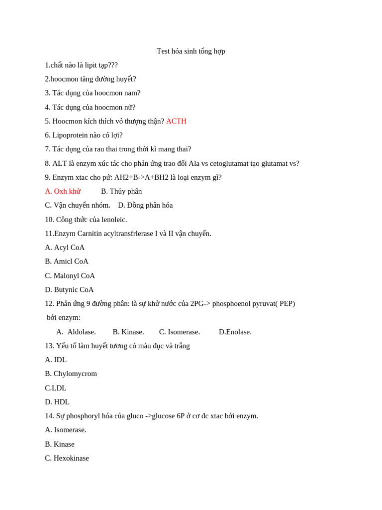 Test Hóa Sinh T NG H P | PDF