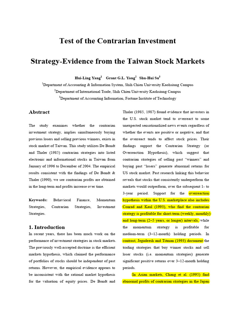 Contrarian Investment Strategy in Taiwan | PDF | P Value | Scientific ...