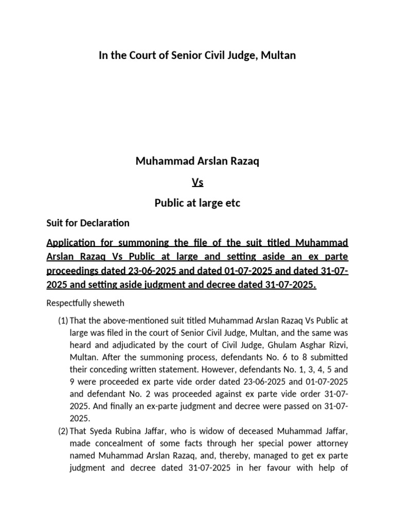 Application to Set Aside Ex Parte Judgment | PDF | Lawsuit | Ex Parte