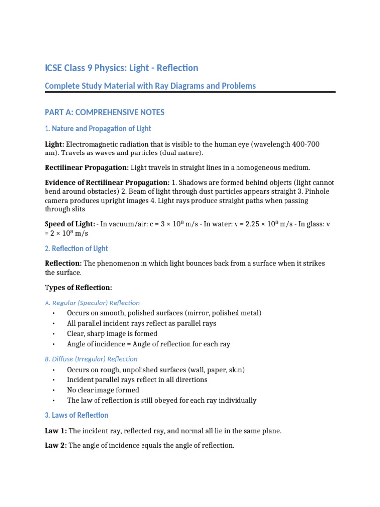 ICSE Class 9 Physics: Light Reflection Guide | PDF | Reflection ...