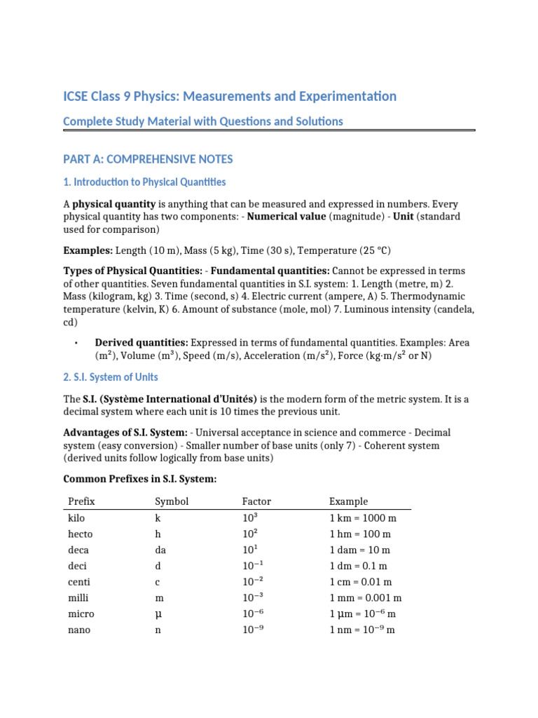 ICSE Class 9 Physics: Measurement Guide | PDF | International System Of ...