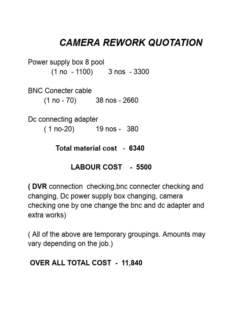 Camera Rework Quotation Breakdown | PDF