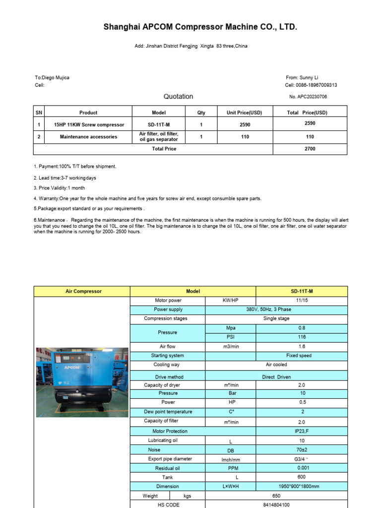 Shanghai APCOM Compressor Quotation | PDF | Mechanical Engineering ...