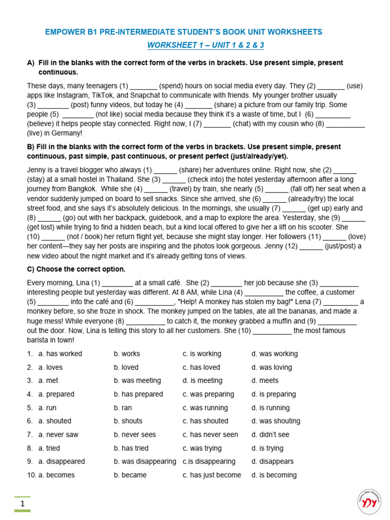 Empower 2ND Edition B1 Worksheet 1 - Unit 1 - 2 - 3 | PDF