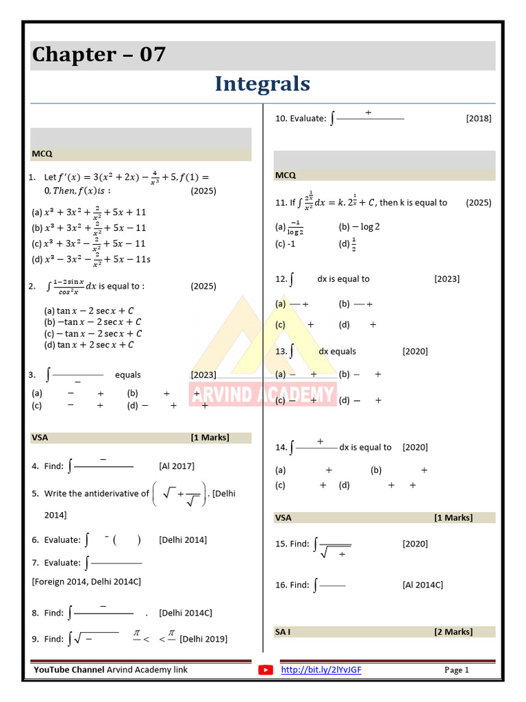 MCQs and Problems on Integrals | PDF | Mathematical Analysis | Mathematics