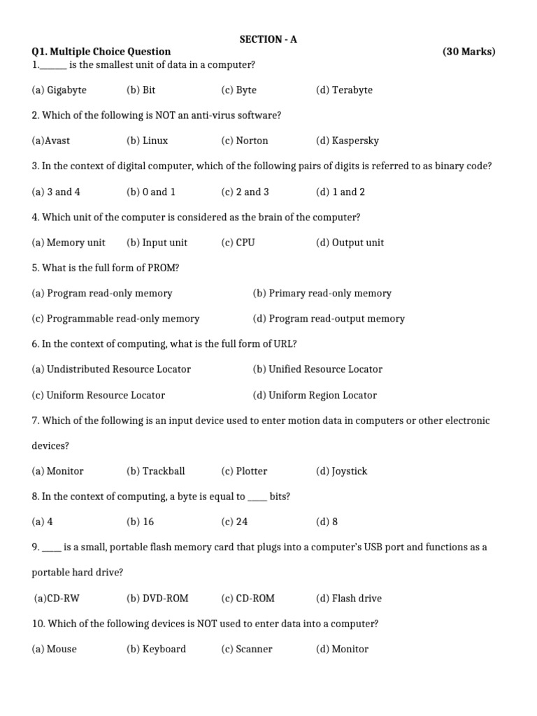 Computer Basics: MCQs and Short Answers | PDF | Random Access Memory ...