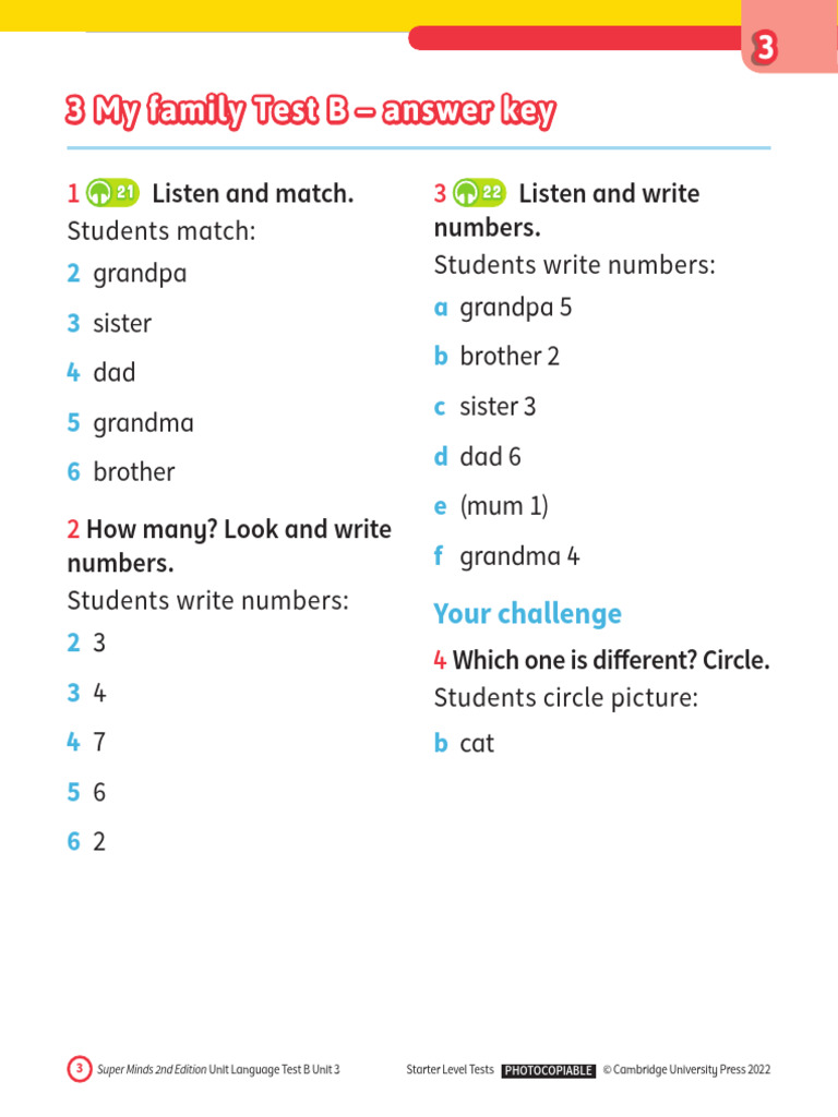 My Family Test B Answer Key | PDF