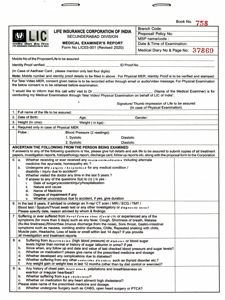 Medical Examiner's Report for LIC Policy | PDF