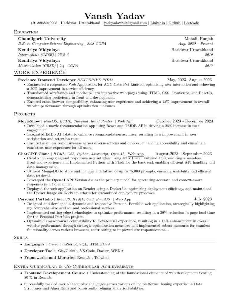 Frontend Developer Portfolio of Vansh Yadav | PDF | World Wide Web ...