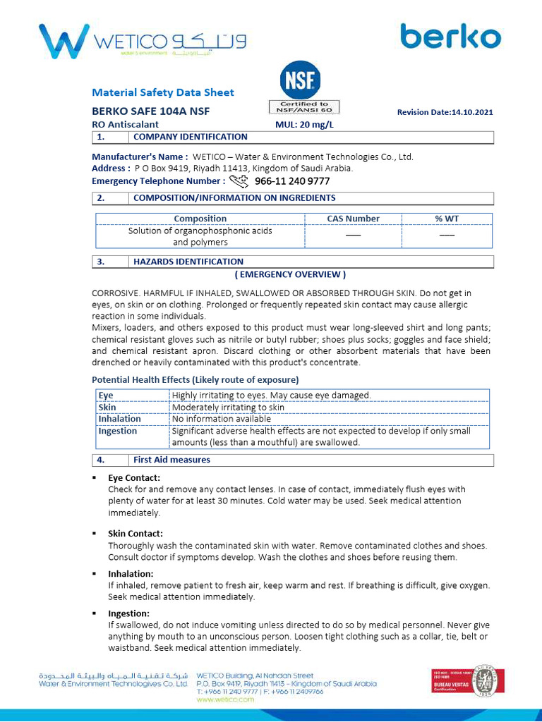 Berko Safe 104A MSDS Guide | PDF | Dangerous Goods | Firefighting