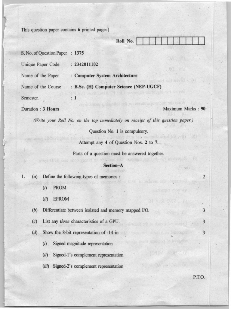 1 Computer System Architecture PDF 1 Pyqs | PDF