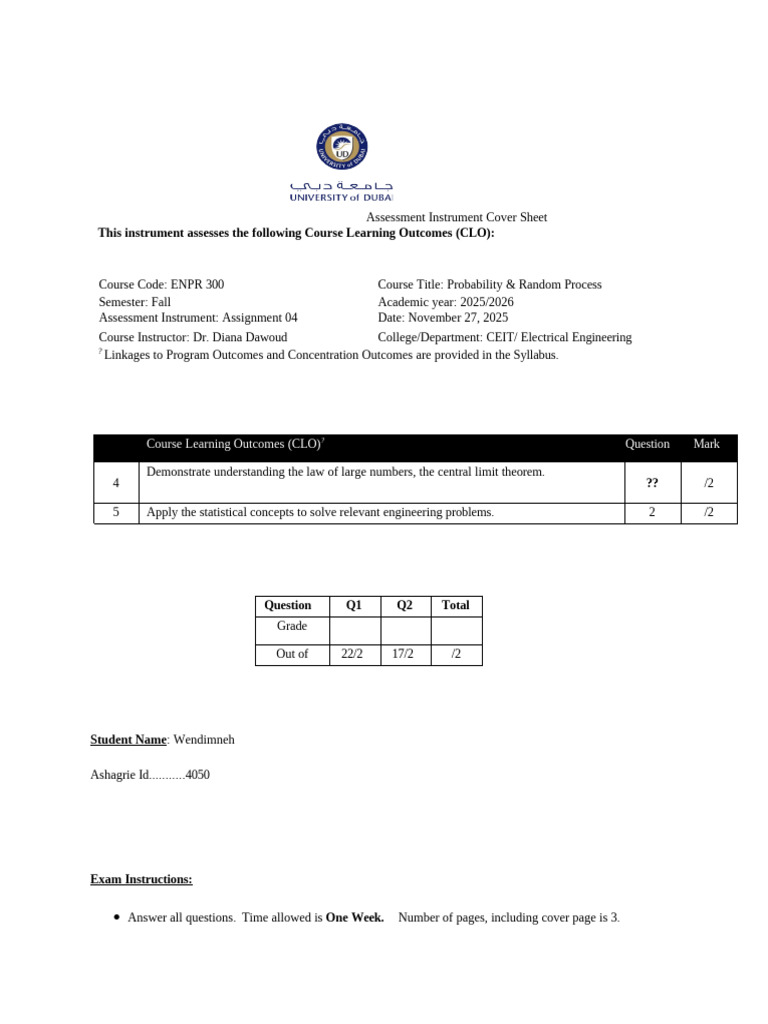 ENPR 300 Assessment Cover Sheet | PDF | Statistical Theory ...