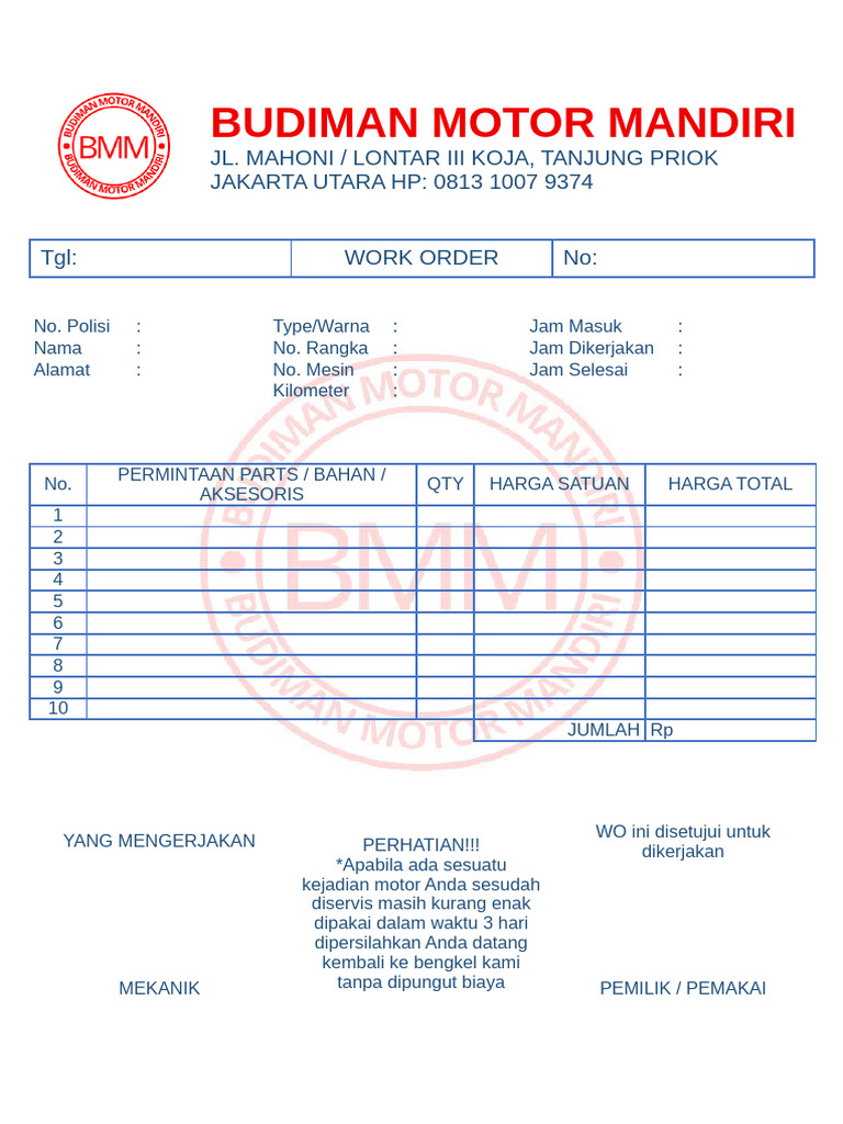 Work Order Servis Motor Budiman Motor | PDF