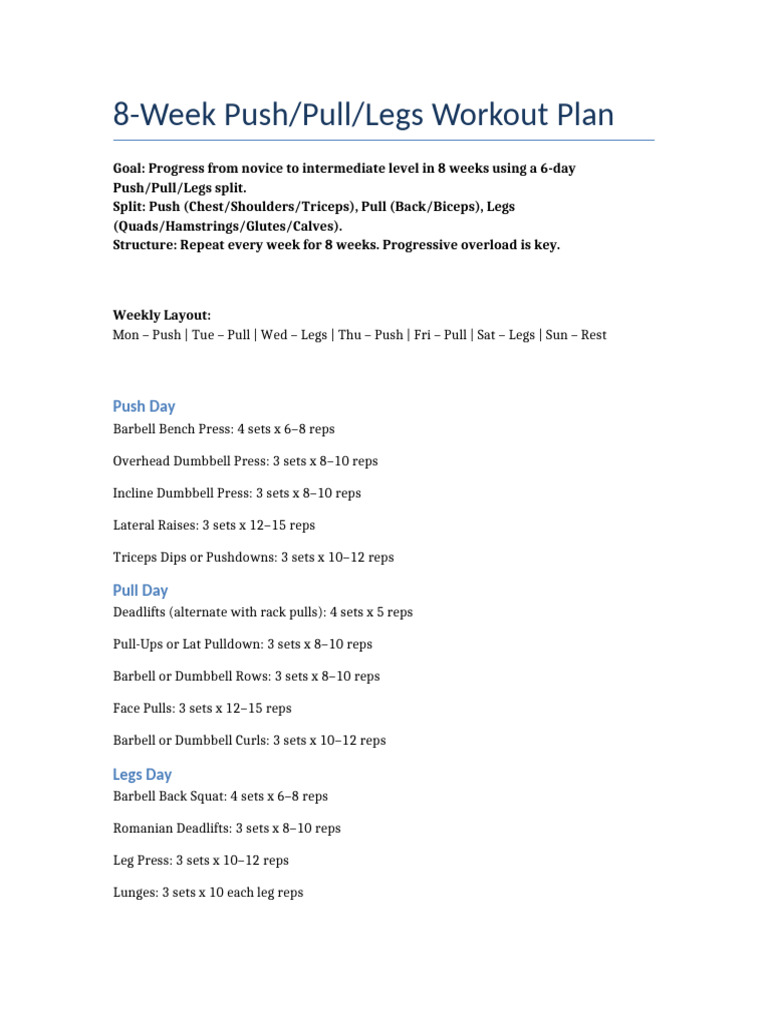 8-Week Push/Pull/Legs Workout Plan | PDF | Strength Training | Weight ...