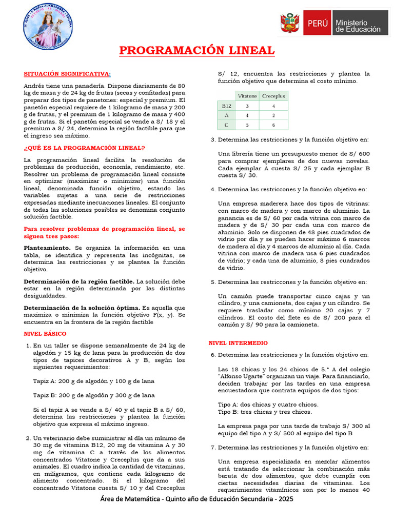 FICHA N° 06 - PROGRAMACIÓN LINEAL - EDA N°08 - 5°AD - 2025 | PDF ...